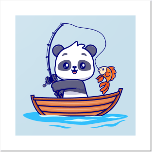 Cute Panda Fishing On Boat Cartoon Posters and Art